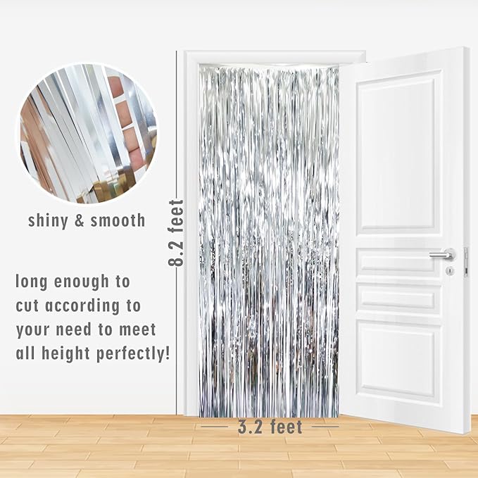 GOER 3.2 ft x 8.2 ft Metallic Tinsel Foil Fringe Curtains Party Photo Backdrop Party Streamers for Birthday,Graduation,New Year Eve Decorations Wedding Decor (4 Packs,Silver)