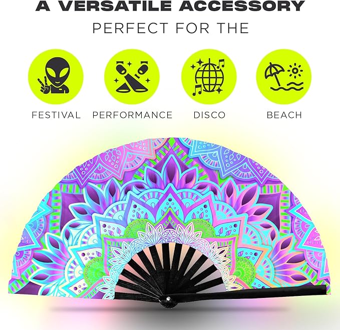 GloFX UV Glow Mandala Rave Handheld Fan - Teal, Pink, Purple & Green Design - Large Folding Fan for Festival Fashion, Essential Rave Accessories for Women, Foldable Hand Fan for Music Festival Outfits