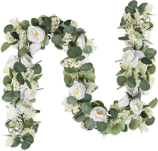 MAKHOT 2Pack White 6.6Ft Artificial Eucalyptus Garland with Flowers, Fake Rose Gypsophila Vine Rose Garlands Decor, Floral Flower Greenery Garland for Wedding Home Table Decor (White)