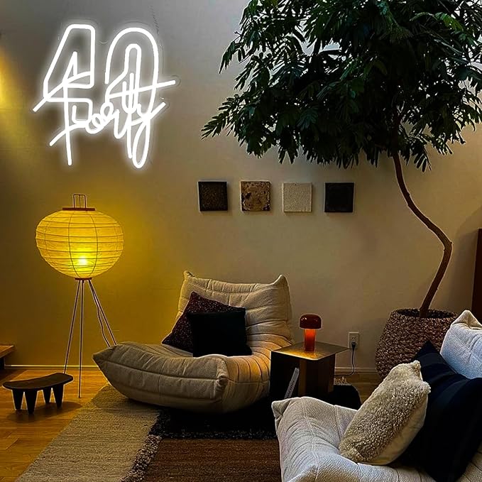 White Forty Neon Sign 40 Year Old Birthday Neon Sign Birthday Gift For 40 Year Old Woman Led Night Light For Wedding Engagement Banquet Anniversary Party Decor Gift For Girl Wife Lover(USB Sign)