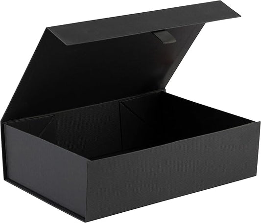 Hard Black Gift Box With Magnetic Closure Lid 10.5"x7"x3" Pack Of 2 Black Ribbed Rectangle Favor Boxes With Black Ribbed Finish For Wedding, Bridesmaid Groomsman Proposal, Clothing (2 Boxes)