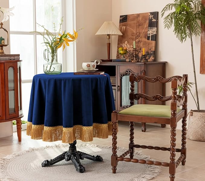 F-CHU Blue Tablecloth Thickset Velvet Tablecloth with Beautiful Gold Tassels Vintage Table Cloth for Home Decor Wedding, Party, Banquet and Events 48" Round
