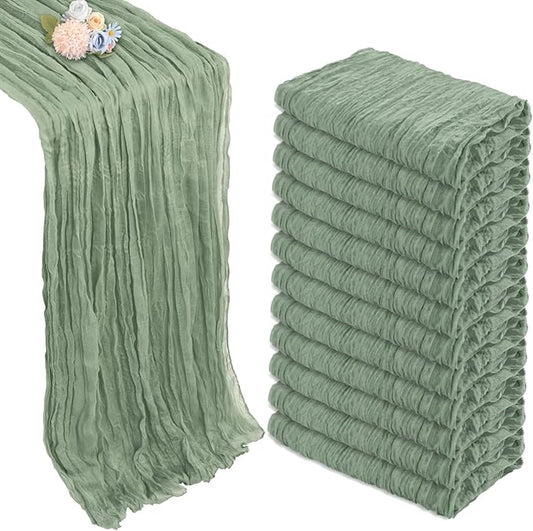12 Pack Sage Green Cheesecloth Table Runner 10ft Boho Gauze Fabric Cheese Cloth Table Runner 35 x 120 Inch Rustic Sheer for Romantic Wedding Decor Baby Shower Party Table Centerpiece Decoration