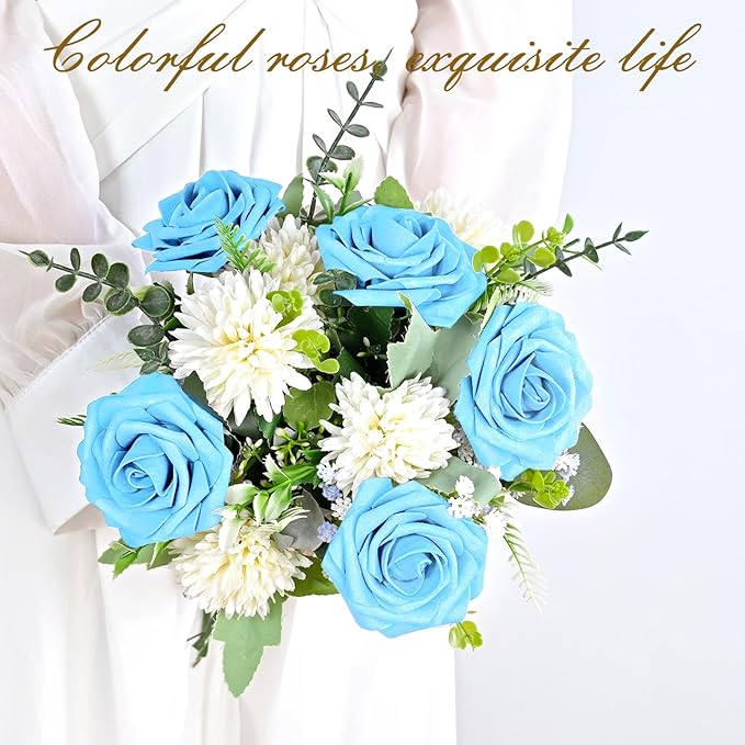 BLEUM CADE 36Pcs Artificial Flowers Fake Roses with Stems, Sky Blue Boxed Foam Roses for DIY Bouquets Centerpieces Wedding Party Arrangement Bridal Shower Decor