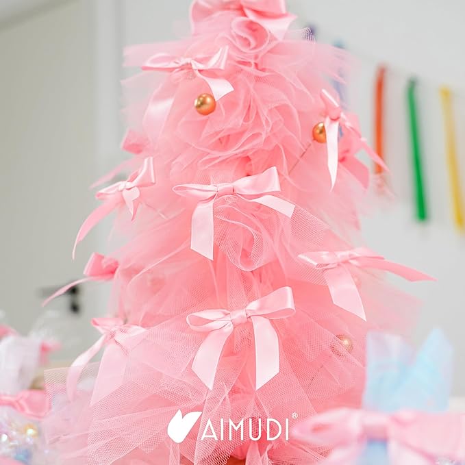 AIMUDI Baby Pink Satin Ribbon Twist Tie Bows 2.5" Light Pink Pretied Bows Premade Craft Bows for Treat Bags Cake Pop Gift Wrapping Basket Wedding Favors Cookie Candy Bagging Baby Shower - 50 Counts