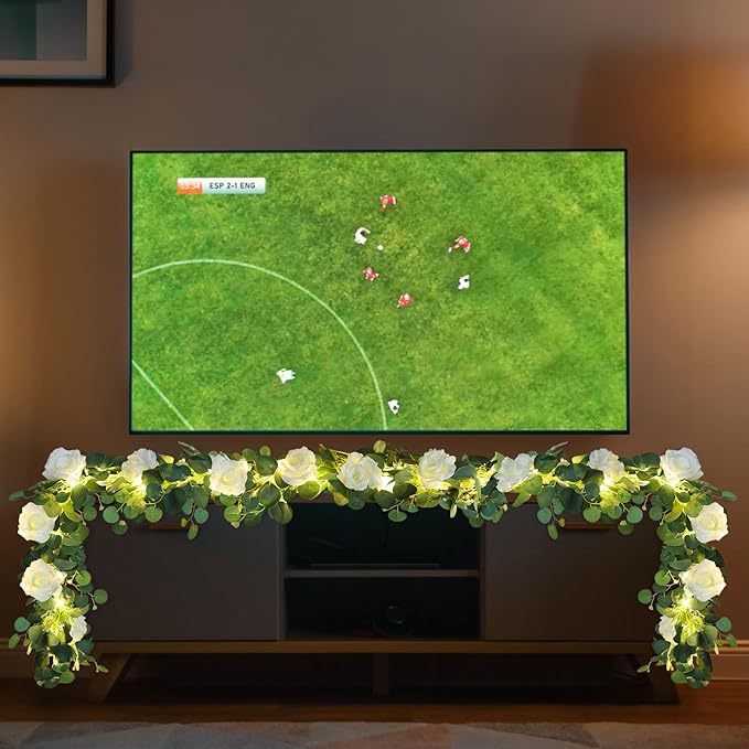 MACTING 6.6FT Flower Garland with Lights Fake Gypsophila Eucalyptus Garland with 12 White Roses Artificial Floral Greenery Vine for Wedding Arch Table Centerpieces Backdrop Party Summer Decorations