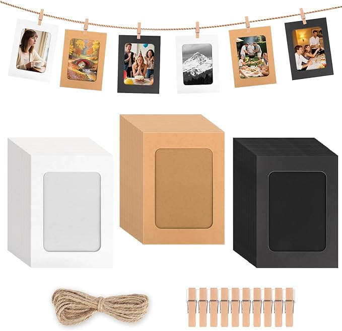 100 Pack Paper Picture Frames, 4x6 Inch Photo Strip Frame Hanging Photo Display Banner, 3 Colors Photo Holder with Wooden Clips and String for Wall Decor and Party Supplies