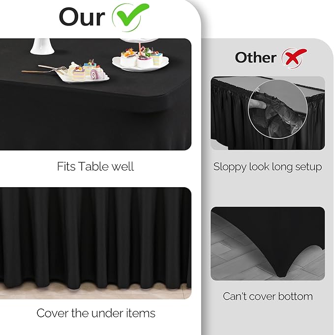 Wish Care 6 Pack Black Spandex Table Cloths for Rectangle Tables 6ft - One-Piece Wrinkle Free Fitted Table Cover 6 Foot Table Stretch Tablecloths for Party, Banquet, Wedding and Events