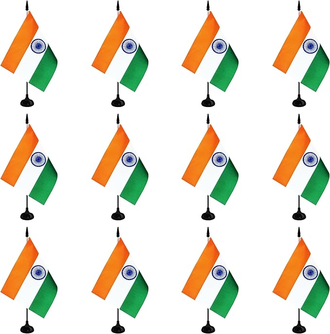 India Desk Flag, 12 Pack Indian Table Office Flag with Black Solid Pole and Stand Base, International Country Flag, Festival Celebration, Classroom Meeting Desktop Decor (India)