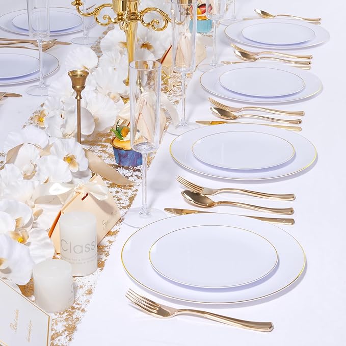 KIRE 200PCS Gold Plastic Plates - Disposable Plates for Party - White Plastic Plates with Gold Rim Include 100 for Dinner and 100 for Dessert/Salad in Wedding/Thanksgiving