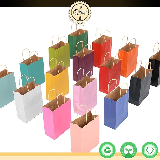 qiqee 200Pcs Paper Gift Bags with Handles - 10.6"x8.3"x4.3" Medium Party Favor Bags Multiple Uses - 16 Solid Colors