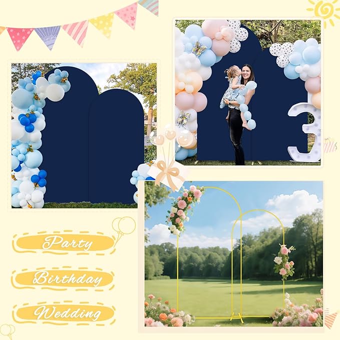 Party Arch Backdrop Stand and Cover Set 6FT 7.2FT Navy Blue Spandex Arch Covers Gold Metal Arch Stand Backdro Chiara Balloon Arched Stand Frame with Covers for Birthday Party Reception Decor