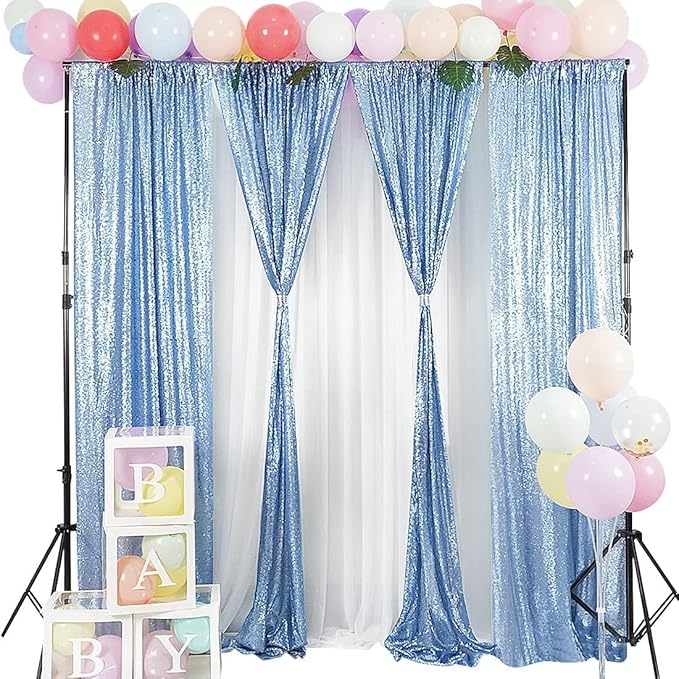 Juya Delight Sequin Backdrop Curtain,4PCS 2FTx8ft Glitter Backdrop Curtain for Party,Birthday,Christmas Wedding Decoration,Baby Blue
