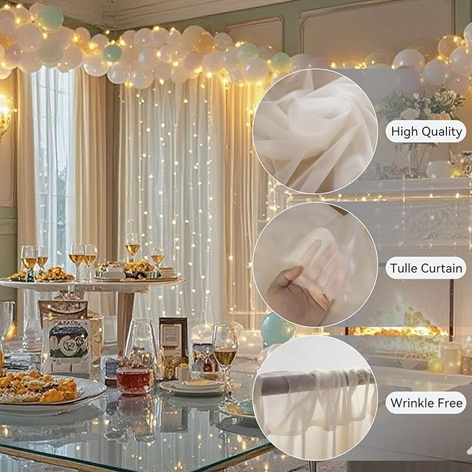 10×10ft Tulle Backdrop Curtains with Lights String - 300LED Fairy Lights Sheer Curtain Backdrop for Weddings Baby Shower and Birthday Party Decorations(4 Panels 5×10ft)
