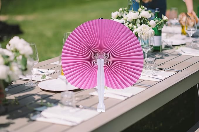 12 Packs Decorative Paper Folding Hand Fans Handheld,Pink Round Foldable Wedding Fans Chinese and Japanese Fans Bulk for Bridal Guest Church Party Favors Dancing Birthday DIY