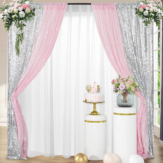 Juya Delight 4 Panels Silver&Pink Sequin Backdrop Curtain 2FTx8FT Glitter Sequin Backdrop Curtains for Birthday Party Wedding Decoration