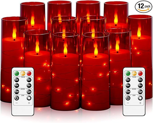 Flameless Candles with Embedded Star String - Battery Operated LED Candles, with Remote,12 Red Flickering Candles for Christmas, Weddings, Home Decor & Party,(D 2.3"×H 5" 6" 7")