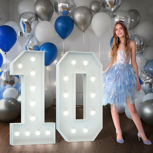 Marquee Numbers 4 Feet Tall Big Light Up Numbers 10th Happy Birthday Decorations Girl Boy White Anniversary Party Decor Large Cardboard Prop Backdrop Sign 10