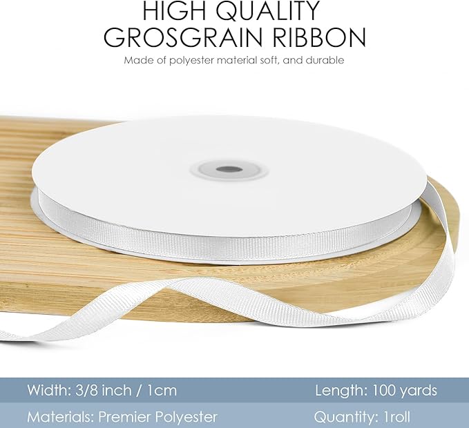 100 Yards 3/8 inch Grosgrain Ribbon, Solid Color Fabric Ribbon Perfect for Gift Wrapping, Wedding, Handmade Bows, Floral Bouquets and Party Decoration(White)