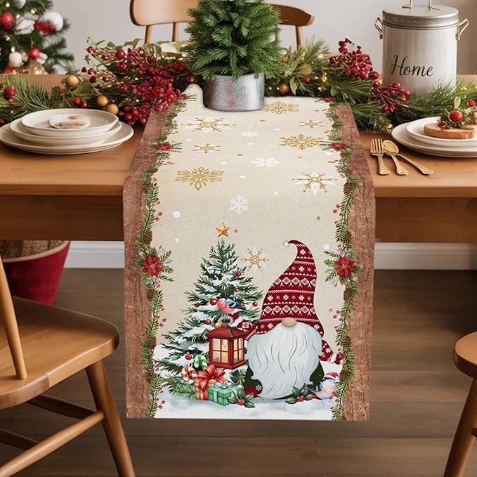 Christmas Gnomes Cotton Linen Table Runner for Dining Kitchen, Xmas Pine Tree Snowflake Rustic Wedding Outdoor Party Tablerunners Decoration, Retro Wood Dresser Scarf Tablecloth Runners 13x60 Inches