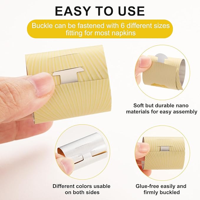 Polymer Material Reusable Napkin Band, Glue-Free Tear-Proof Water Resistant Oil-Proof Napkin Bands Set of 50(Front Gold Color and Back Silver), 6 Adjustable Sizes Napkin Rings