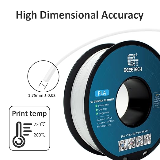 Geeetech 1.75mm PLA 3D Printer Filament, 1kg Spool (2.2lbs), Upgrade Tidy Winding Tangle-Free, Dimensional Accuracy +/- 0.02 mm, White