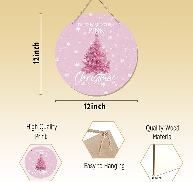 CGBHW Pink Christmas Tree Wooden Sign, Winter Holiday Theme Hanging Sign Wall Decor for Girls Room Home College, Aesthetic Christmas Xmas Snowflake Door Decor 12 x 6 Inch