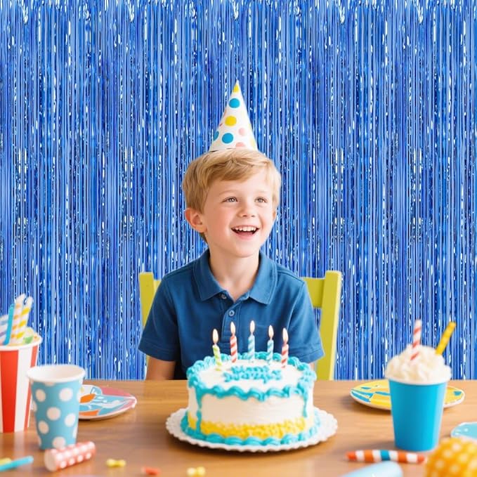 Blue Foil Fringe Backdrop Curtains,2 Pack Tinsel Streamers Birthday Party Decorations,blue Fringe Backdrop for ocean themed Birthday,Graduation,Astronaut,Gender Reveal,Boss Baby,Father's Day,3.3x6.6ft