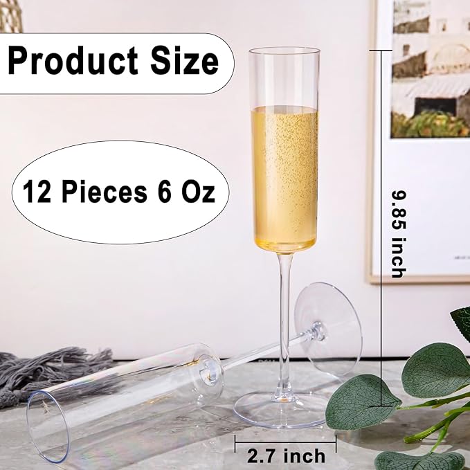 Ciaell 12 Pack Plastic Champagne Flutes - 6 Oz Clear Disposable Champagne Glasses - Square Plastic Toasting Glasses for Party Birthday Anniversary Wedding
