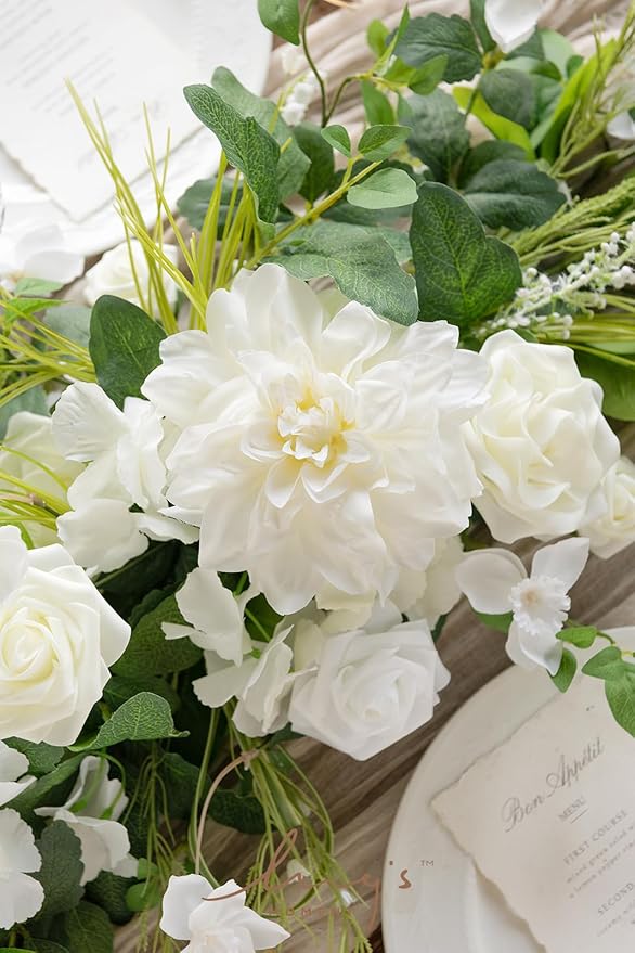 Ling's moment Flower Garland - 6FT Eucalyptus & Rose - Sweetheart Table Decor for Wedding Reception, Artificial Floral Garland for Mantle, Spring, Christmas Decoration, White & Lily