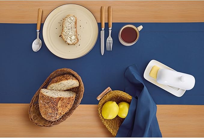 Solino Home Cotton Linen Table Runner 36 Inches - Lapis Blue Hemstitch Table Runner 14 x 36 Inch Ideal for Dresser and Coffee Tables - Fall, Autumn, Halloween