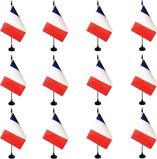 France Desk Flag, 12 Pack French Table Office Flag with Black Solid Pole and Stand Base, International Country Flag, Festival Celebration, Classroom Meeting Desktop Decor (France)