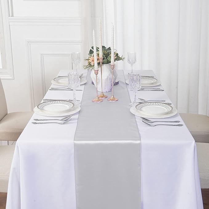 12Pack Table Runner 12 x 108 Inches Satin Silk Table Runner for Wedding, Birthday Party, Banquets, Graduations Decoration, fit Rectange and Round Table-Silver