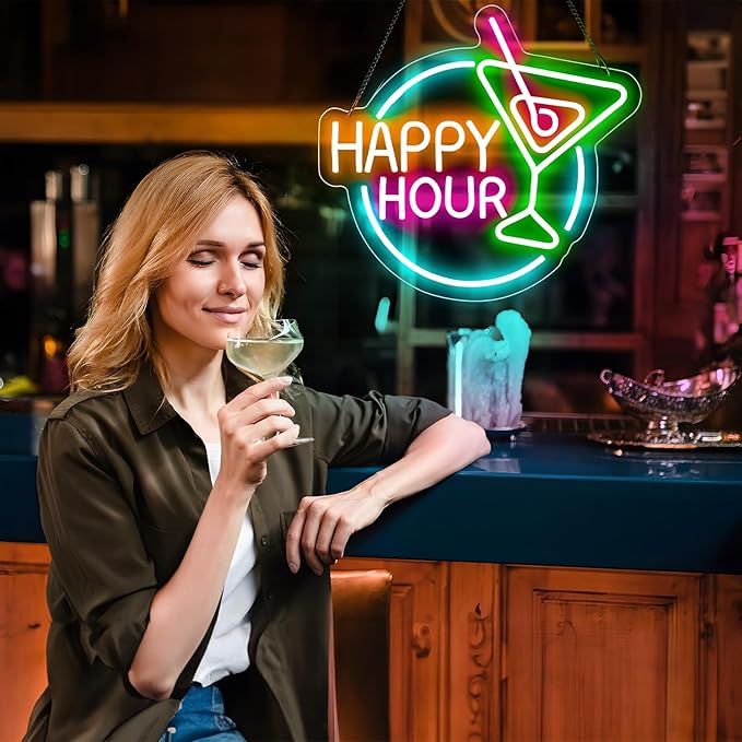 Happy Hour Neon Sign Dimmable Led Happy Hour Neon Bar Signs for Home Bar, USB Powered Bright Cocktails Happy Hour Neon Signs for Wall Decor Bar Pub Man Cave Party Art Decor(14.1*12.5inches)