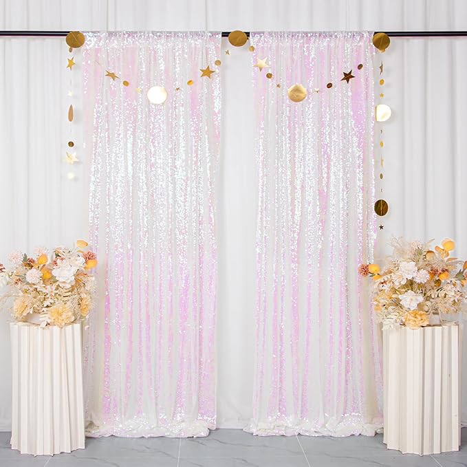 ShinyBeauty Sequin Backdrop 4 Panels White Sequin Curtains Photo Backdrop Shimmer Backgrounds for Christmas, Wedding, Studio Photography, Iridescent Party Curtains (2FTx8FT,Iridescent White)