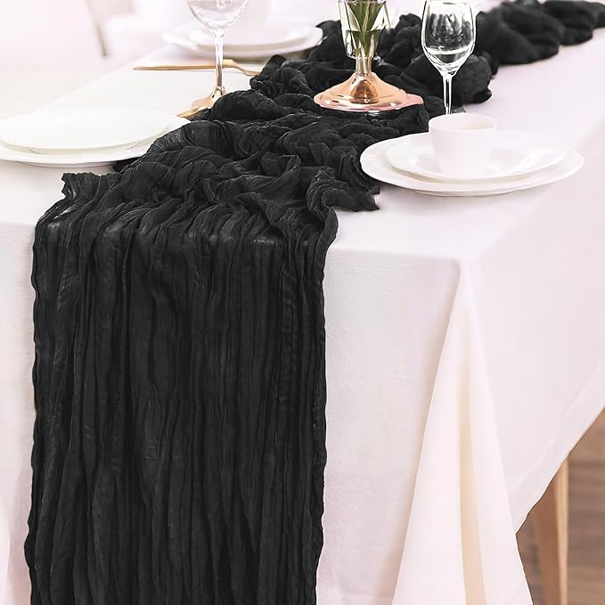 10-Pack Black Cheesecloth Table Runners – 10FT (35x120 Inch) Boho Rustic Gauze Fabric Cheese Cloth Table Runner for Weddings, Baby Showers, Bridal Shower, Farmhouse & Birthday Party Decor