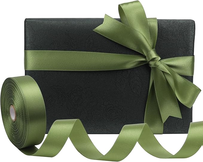 Olive Green Solid Satin Ribbon 1 Inch 50 Yards Solid Polyester Fabric Ribbon for Gift Wrapping Wedding Christmas Baby Shower Birthday Party Decoration Handmade Immortal Flower Craft