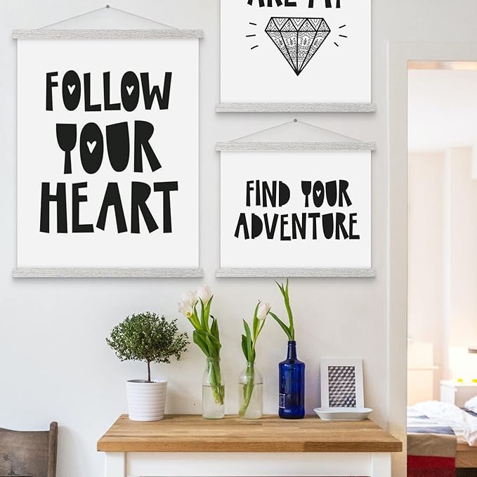 Magnetic Poster Hanger, 36x48 36x24 36x12 Poster Frame Wood Wooden Magnet Print Posters Dowel Scroll Hanger Hangers Hanging Kit for Walls Map Canvas Artwork (Grey, 36")