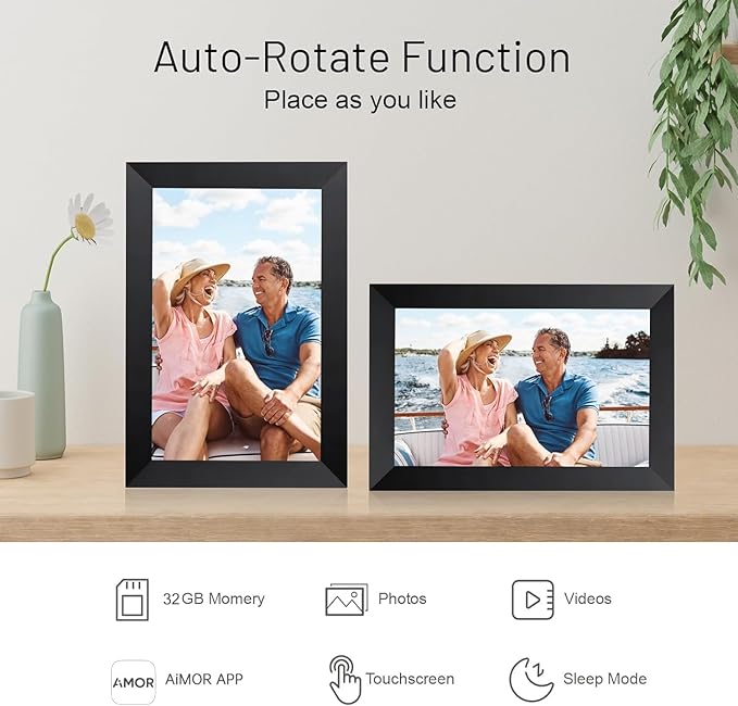 AEEZO 10.1 Inch WiFi Digital Picture Frame, IPS Touch Screen Smart Cloud Photo Frame with 32GB Storage, Auto-Rotate Easy Setup to Share Photos or Videos via AiMOR APP, Wall Mountable Black