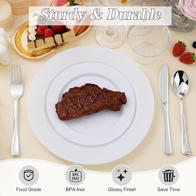 200PCS White Plastic Plates Set, 100 10.25 inch Dinner Plate and 100 7.5 inch Dessert Plates, Premium Disposable Plates for Party, Wedding