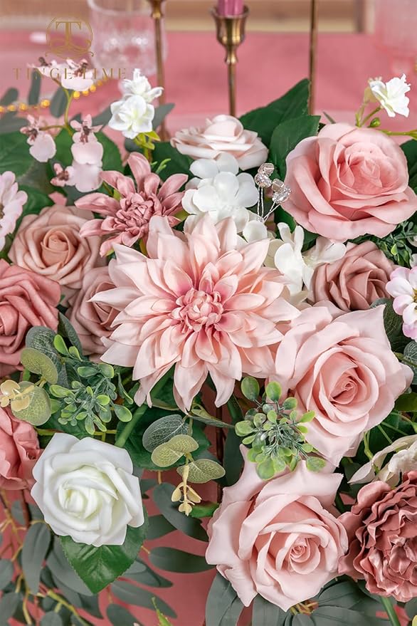 TINGE TIME Artificial Sweetheart Flower Swag with Tablecloth and Table Runner, Pack of 3 Floral Arrangement for Wedding Sweetheart Table Centerpiece Decoration Valentine's Day (DustyRose&Cream)