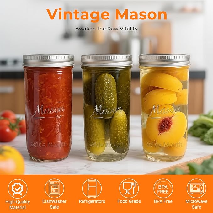 CycleMore 6 Pack Wide Mouth Mason Jars with Airtight Lids and Bands, 24 Oz Canning Glass Jars, Glass Canister for Canning, Fermenting, Pickling, Meal Prep, Overnight Oats, Jam, Jelly