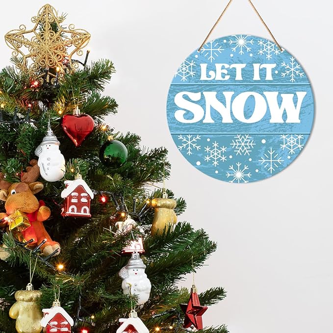 Muktoujaumai Winter Sign Front Door Decor, Christmas Round Hanging Sign Decor Snowflake Xmas Holiday Wall Decorations Winter Wood Sign for Door, Porch, Home, Let It Snow