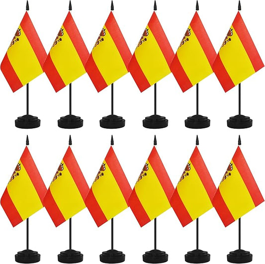 12 Pack Spain Desk Flags, Spanish Desktop Flag, Small Miniature Office Flags with 12" Black Pole and Black Base, Offices, Classroom, Home, Festival Decoration (Spain)