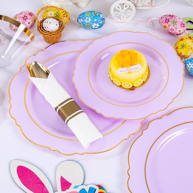 Liacere 350PCS Purple Plastic Plates - Disposable Light Purple and Gold Plates 50guest Baroque Plastic Dinnerware include 100Plates, 50Pack Pre Rolled Napkins with Silverware 50Cups for Mother's Day