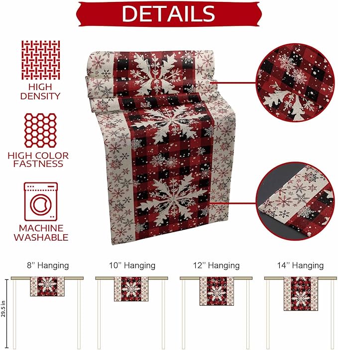 Buffalo Plaid Christmas Cotton Linen Table Runner for Dining Kitchen, Snowflake Red Black Check Wedding Outdoor Party Tablerunner Decoration, Retro Dresser Scarf Coffee Tablecloth Runners 13x70 Inches