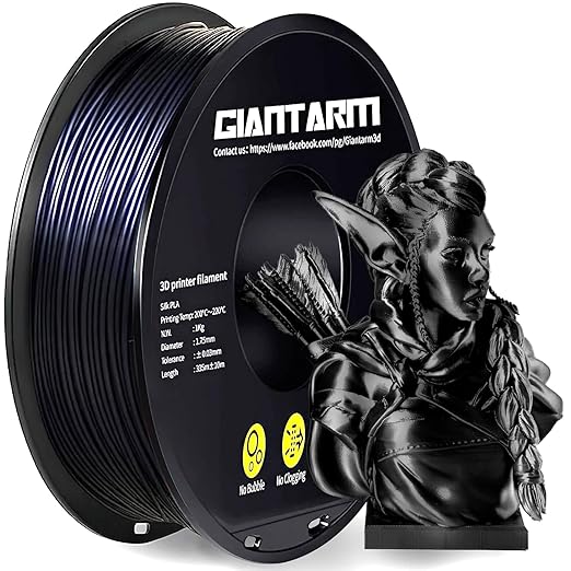 GIANTARM 3D Printer Filament, Silk Black Pla Filament, 1Kg(2.2lbs) Spool, 1.75mm Dimension Accuracy +/- 0.03mm, 3D Printing Filament