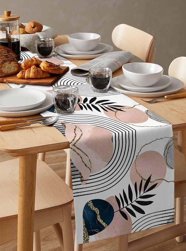 Modern Boho Cotton Linen Table Runner for Dining Kitchen, Wedding Outdoor Party Tablerunners Decoration, Abstract Bohemian Tropical Palm Leaf Dresser Scarf Coffee Tablecloth Runners 13x48 Inches