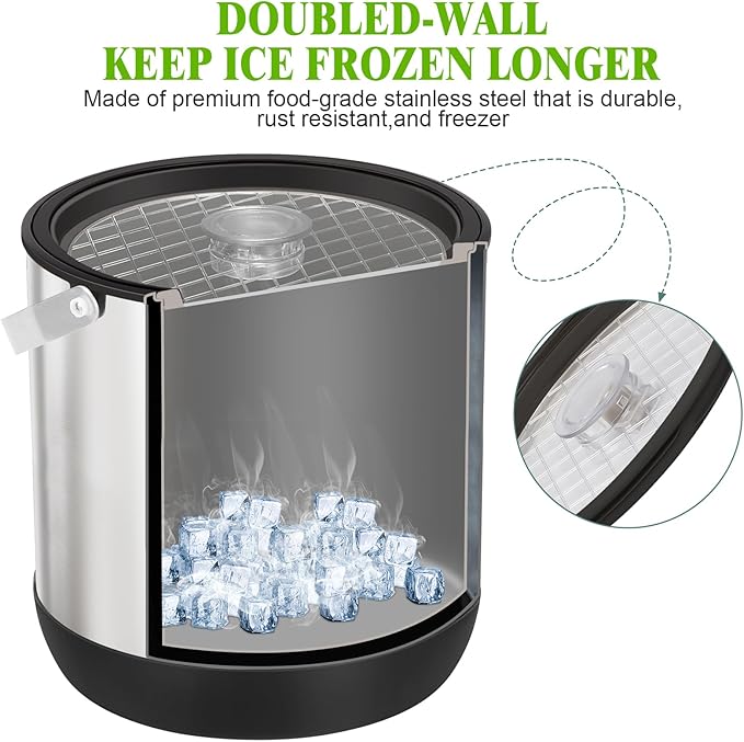 7QT/6.8LDouble-Wall Insulated Ice Bucket with Scoop & Lid, Large Capacity Stainless Steel Beverage Bucket for Party Cocktail Bar, Champagnes (Black)