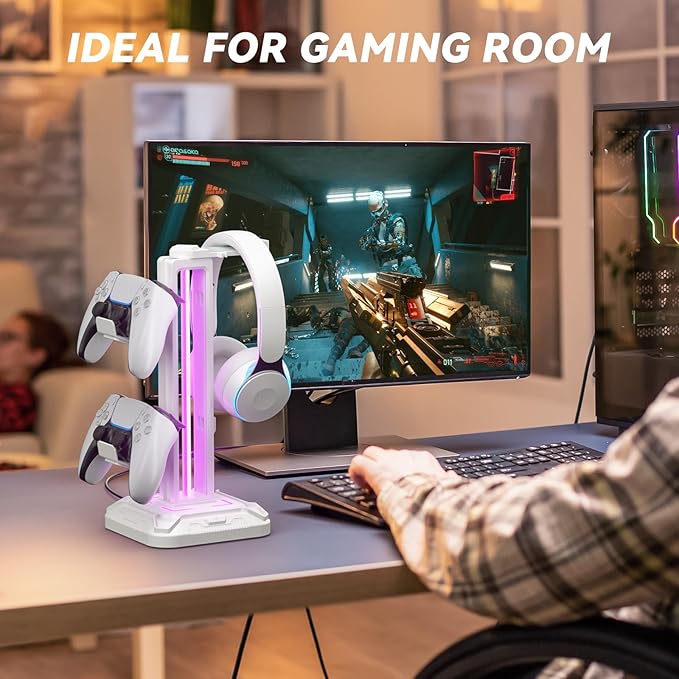KDD RGB Headset Stand with 9 Light Modes - Controller Holder for Desk - Rotatable Headphone Stand & Detachable Controller Hook for PC Earphone Accessories(White)
